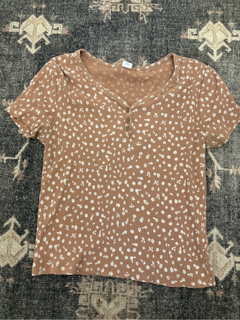 Short Sleeve Ribbed Henley Top - Floral